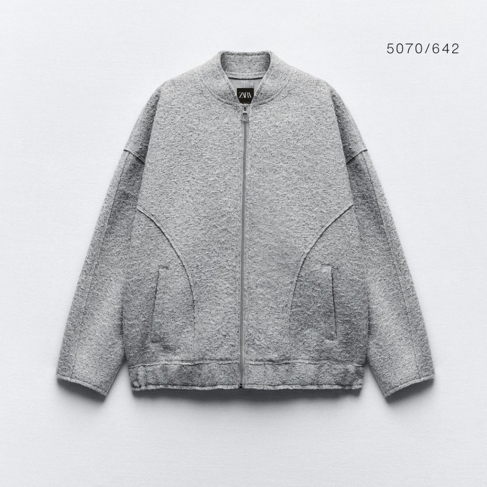 ZARA OVERSIZED BOUCLE BOMBER LIGHT GRAY